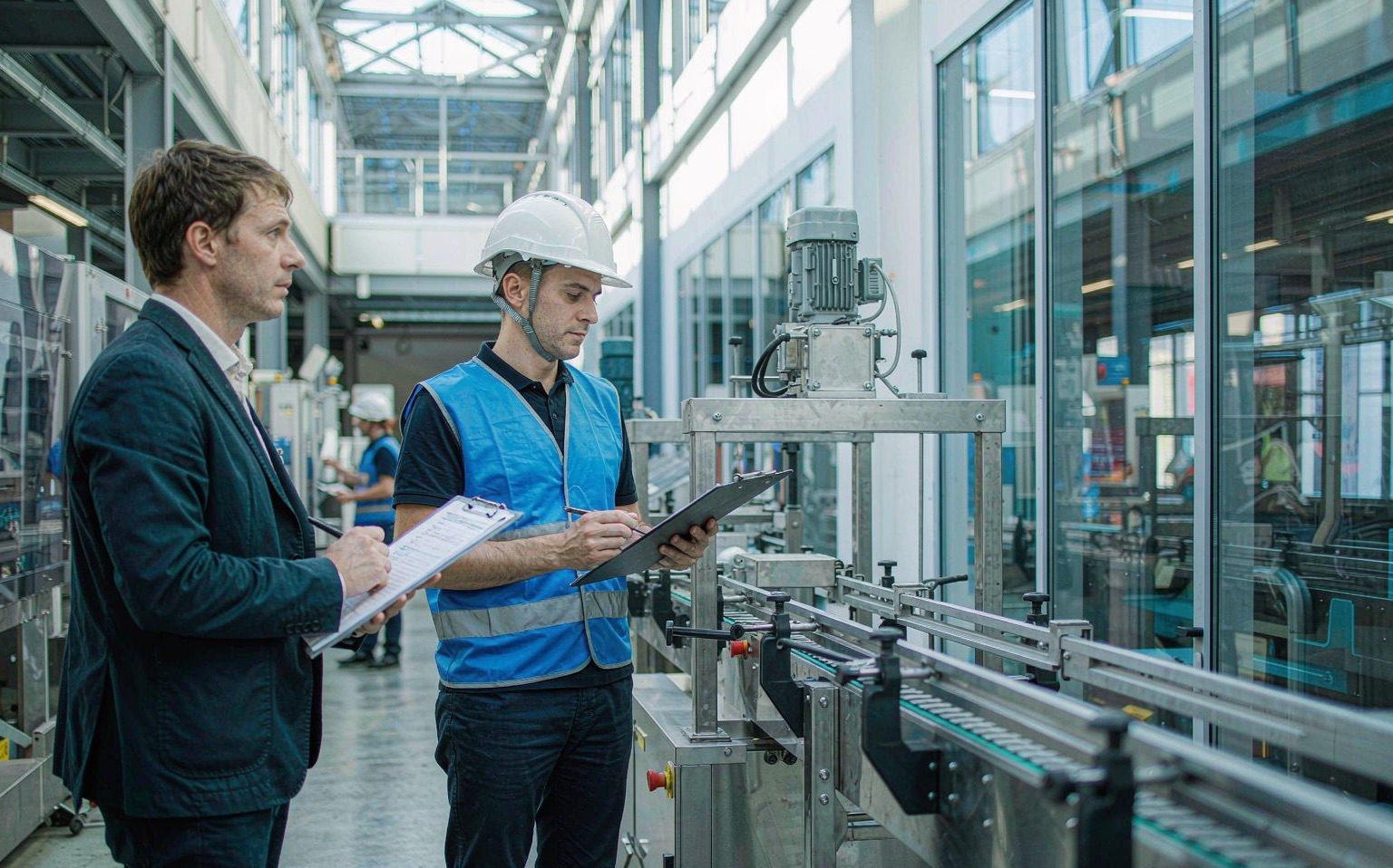 Consultor técnico y supervisor revisando una línea de producción